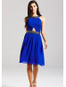 Royal Blue Chiffon Beads Halter Neckline Short Prom Dress 